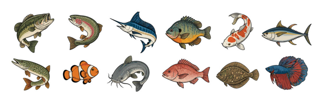 Bass trout marlin sunfish koi tuna pike clownfish catfish snapper flounder betta fish vector illustration set