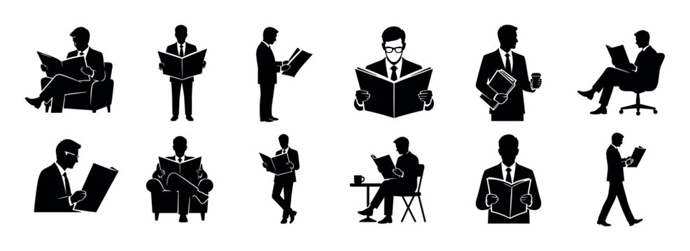 Businessmen reading books, newspapers, documents, and magazines in various poses, including sitting, standing, and walking, flat design vector illustration