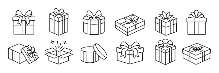 Obraz premium Gift boxes with ribbons and bows, open and closed present packages, line art icon set