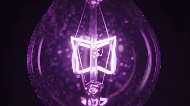 Close-Up of Purple Lit Incandescent Bulb - The video showcases a close-up view of a glowing incandescent light bulb, emitting a vibrant purple hue.