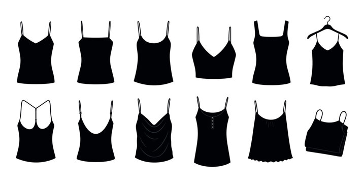 Camisole tank top crop top undershirt fashion apparel icons set, vector illustration