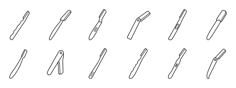 Eyebrow razor shaver trimmer icons set in thin line style for beauty and personal care products