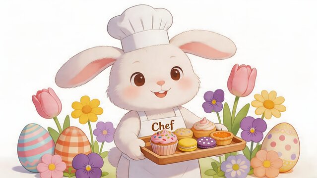 Bunny chef with pastries and flowers