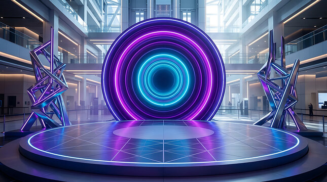 Futuristic circular portal with neon purple and blue lights in a modern office building
