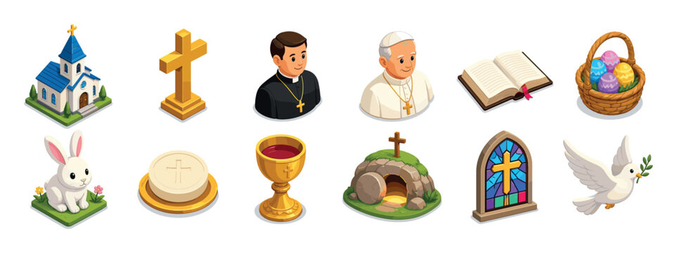 Church cross priest pope bible basket eggs rabbit host chalice tomb stained glass dove icons set