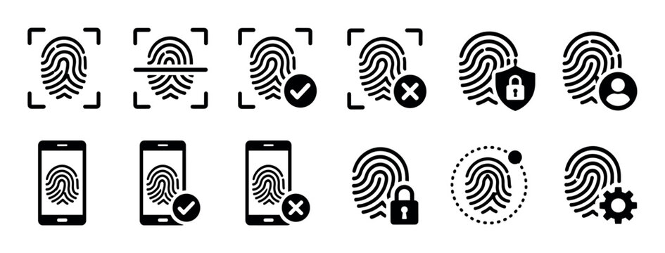 Fingerprint scanner security authentication mobile phone access icons set, biometric identification system for personal data protection vector illustration