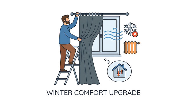 Winter comfort upgrade, man hanging thick curtains to insulate window from cold draft, vector illustration