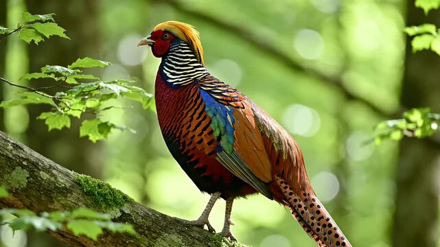Vibrant Pheasant Perched on a Forest Branch - A colorful pheasant with luminescent feathers, including shades of red, blue, and green, is perched gracefully on a moss-covered tree branch.