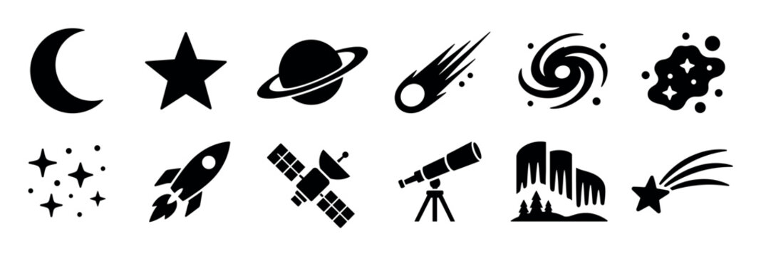 Moon star planet comet galaxy nebula rocket satellite telescope aurora shooting star icons set