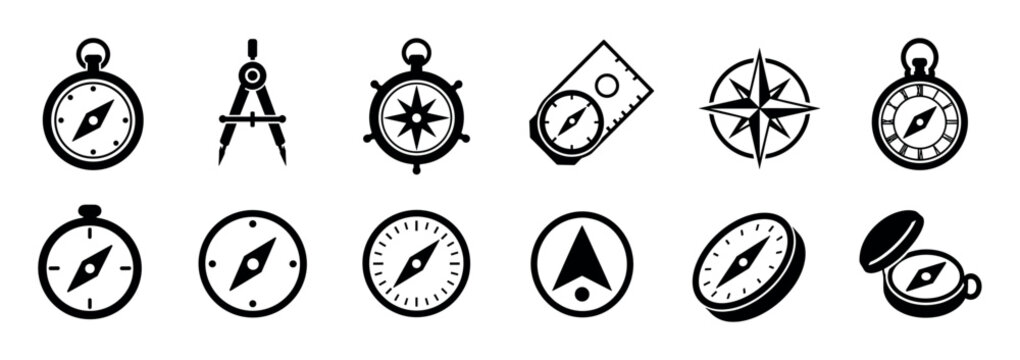 Compass navigation direction map icons set, including various styles of compasses, a divider, and a wind rose, in a flat vector illustration