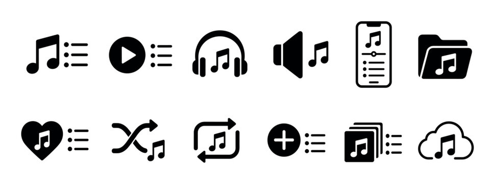 Music note play button headphones speaker phone folder heart shuffle repeat add to playlist cloud icons set, vector illustration