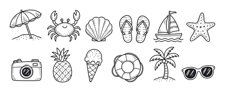 Beach umbrella crab seashell flip-flops sailboat starfish camera pineapple ice cream lifebuoy palm tree sunglasses doodle icons