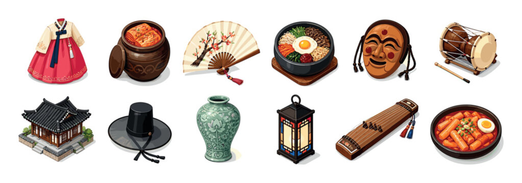 Hanbok kimchi fan bibimbap mask drum house hat vase lantern gayageum tteokbokki icons set vector illustration