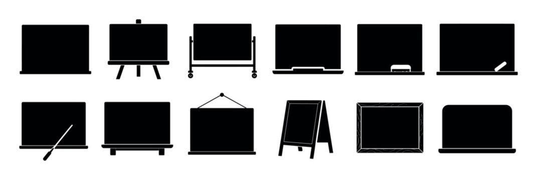 Blackboard chalkboard easel pointer chalk eraser icons set, a collection of school and education related vector illustrations