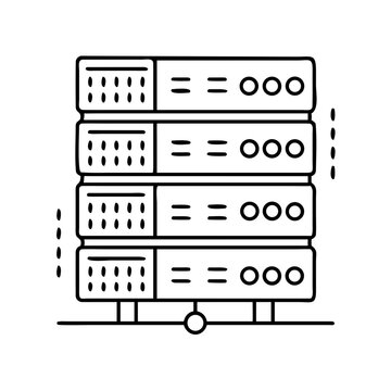Server rack with binary code data storage illustration - Minimalist vector icon of a server rack displaying binary code sequences in each slot.