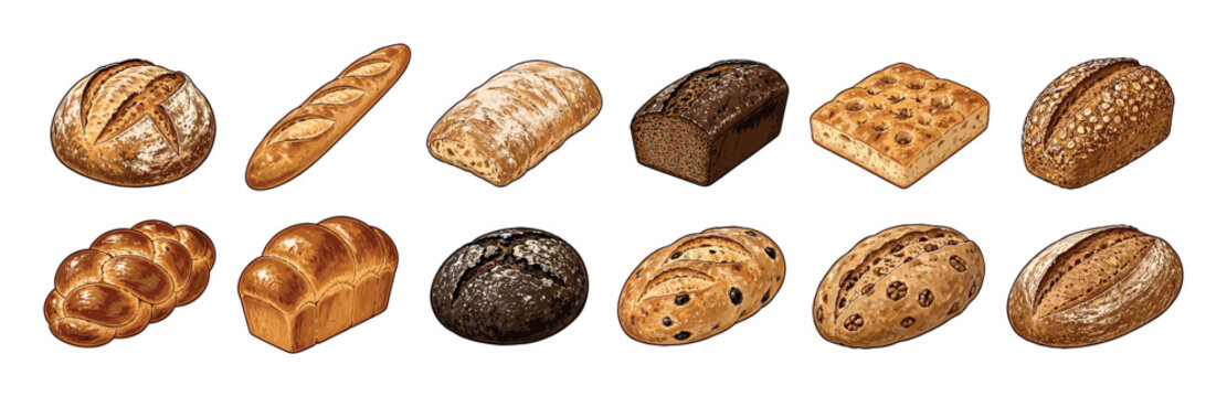 Various types of bread including baguette, sourdough, rye, focaccia, challah, and whole grain loaves vector illustration