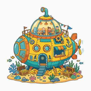 A whimsical cartoon submarine resting on the seabed, adorned with treasure chests and marine life. The submarine features a colorful, bulbous design with windows revealing a dining area inside.
