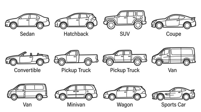 Vector line drawings of various car types and models on vector