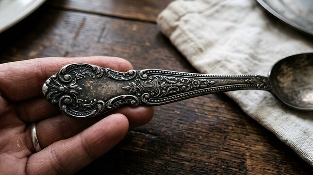 Antique silver spoon held, detail of ornate utensil on wood