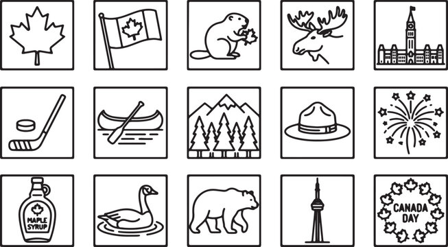 Canada day icon set with maple leaf flag beaver moose hockey mountain hat firework and maple syrup.