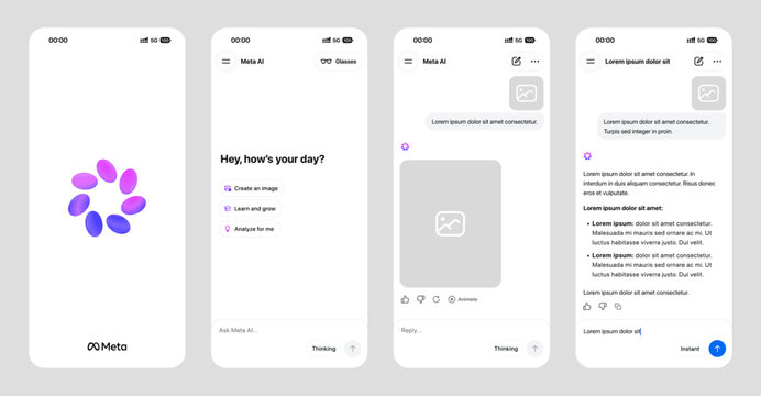 Meta AI mobile app UI design template in editable SVG vector format with app icon and logo, featuring modern AI assistant interface. Light mode screen.