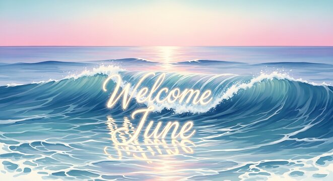 Serene ocean waves with welcome text overlay at sunrise.