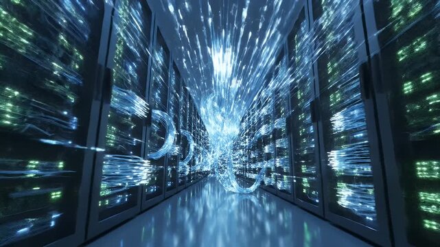 Futuristic Data Center with Streaming Light Effects - A high-tech data center corridor featuring rows of server racks on both sides, illuminated by vibrant blue and green lights.
