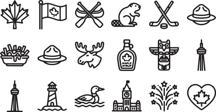 Canada day design elements including poutine totem pole lighthouse canoe and maple leaf heart shape.