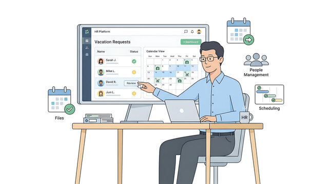 Hr manager working on a computer reviewing employee vacation requests on a digital platform