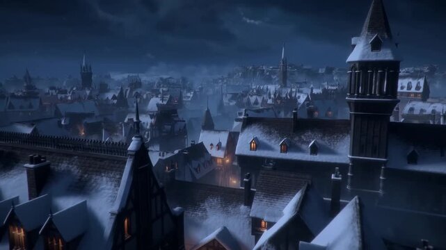 Aerial pan tracking slow motion of medieval town rooftops with snow falling across night village skyline and glowing windows