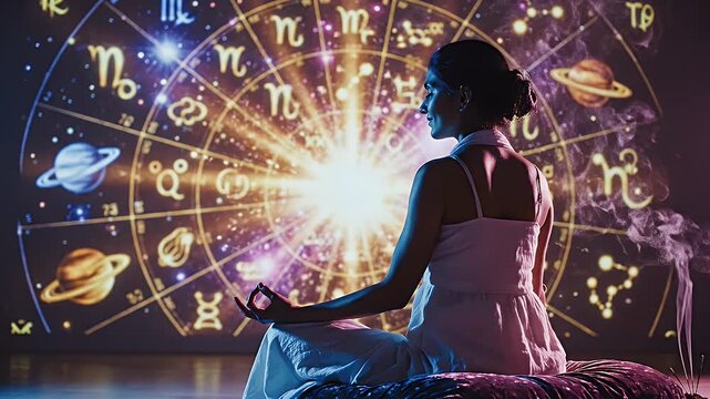 Meditation with Zodiac Symbols - A woman sits in a meditative pose, surrounded by a bright, colorful projection of a zodiac chart filled with astrological symbols and celestial bodies.