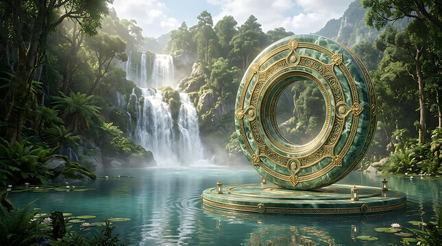 Ancient jade portal in a mystical tropical waterfall landscape