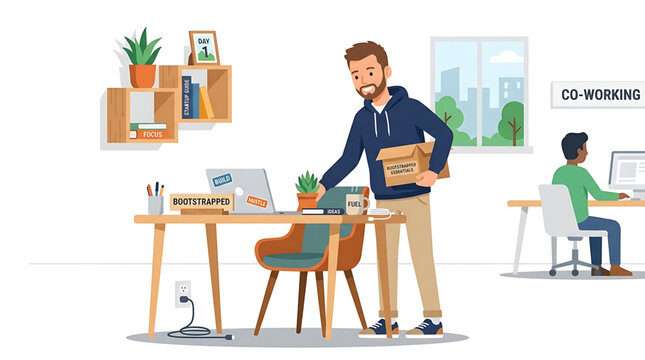 Young entrepreneur moving into a new office space, carrying a box of bootstrapped essentials, coworking environment concept