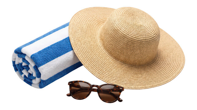 Rolled blue and white striped beach towel with a straw hat and sunglasses isolated on transparent background