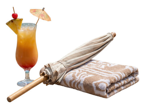 Tropical cocktail with pineapple and cherry, beach umbrella, and folded towel isolated on transparent background