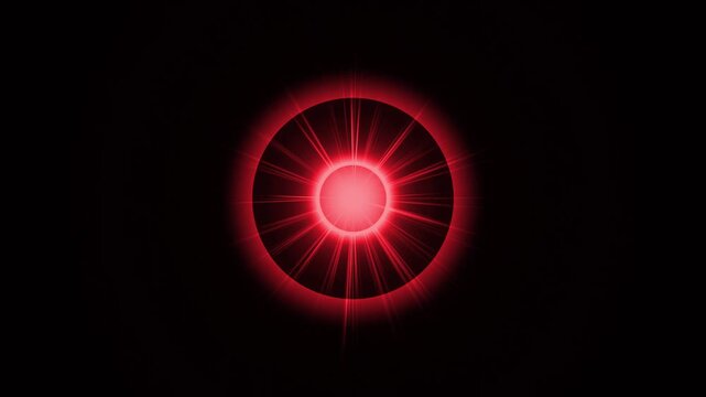 Glowing red fire ring floating on black screen, dynamic energy burst with abstract light rays with powerful starburst light effect display, futuristic cinematic motion graphic animation scene. 4k