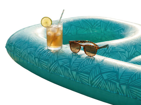 Turquoise inflatable swimming pool float with cocktail and sunglasses isolated on transparent background