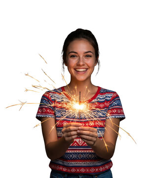 Happy young woman holding a sparkler isolated on transparent background