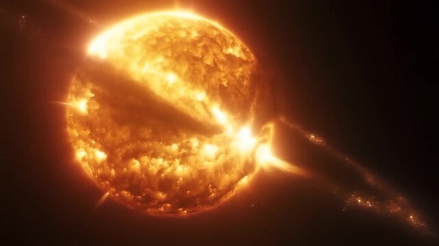 Tracking shot of star erupting with powerful solar flare and plasma ejection in deep space