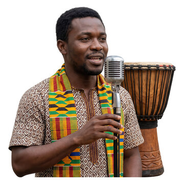 African man singing into vintage microphone with djembe drum isolated on transparent background