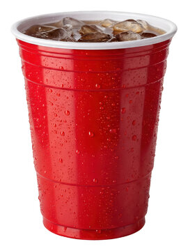 Red plastic party cup with condensation and ice cold drink isolated on transparent background