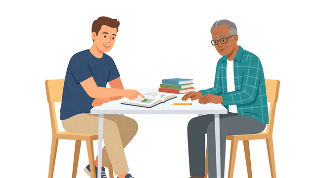 Young man helping an elderly man with reading a book at a table