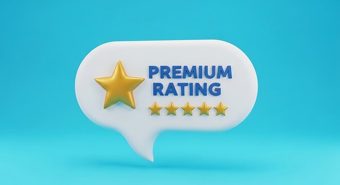 Premium rating 3D speech bubble with gold stars, customer review feedback icon on blue background, five star service quality ranking concept