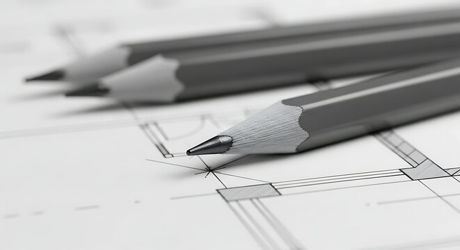 Architectural blueprint with graphite pencils, technical drawing of house floor plan, professional engineering project design in black and white