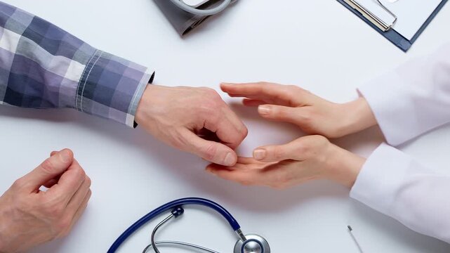 Doctor holding hands of adult patient to support him during medical consultation in clinic. Professional physician reassuring man with psychological empathy at hospital desk.