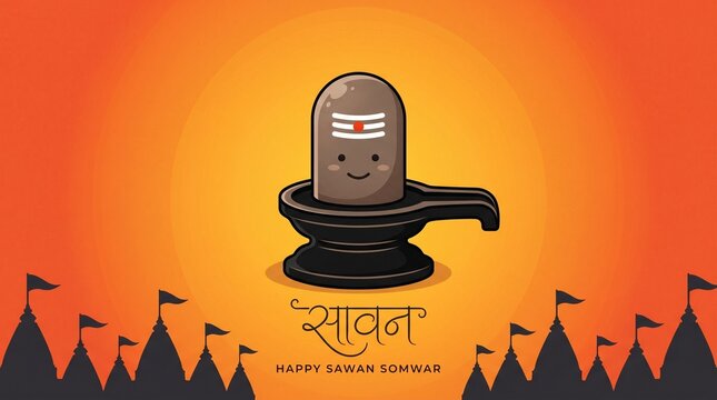 Happy Sawan Somvar Lord Shiva, depicted in a stylized, graphic art style. Shiva's face is blue, with a third eye on his forehead and a crescent moon on his head.