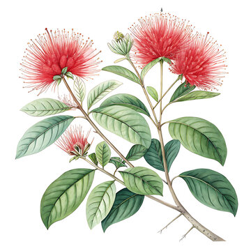 Red powder puff flower branch with leaves watercolor potted plant calliandra