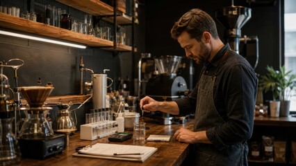 Fototapeta premium Barista preparing coffee in a cafe during morning hours while focusing on the brewing process and measuring ingredients precisely for a quality cup of coffee