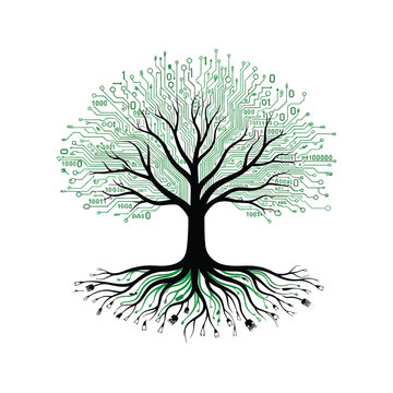 Digital technology tree with circuit board canopy and cable roots representing data growth and sustainable innovation