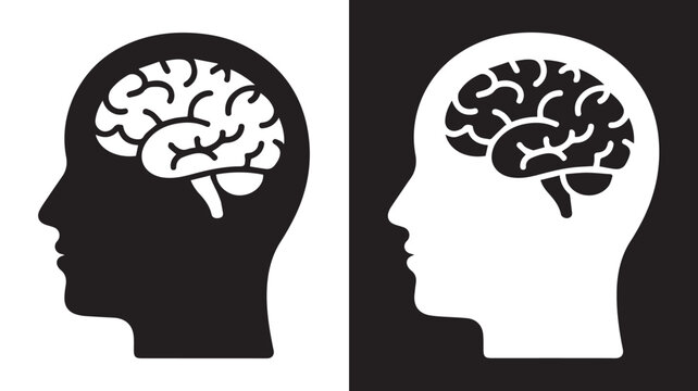 A minimalist black and white illustration depicts two human heads with brains visible.